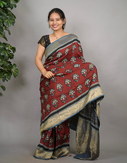 Ajrakh Dola Silk Saree - Brick Red | Looms & Tassels