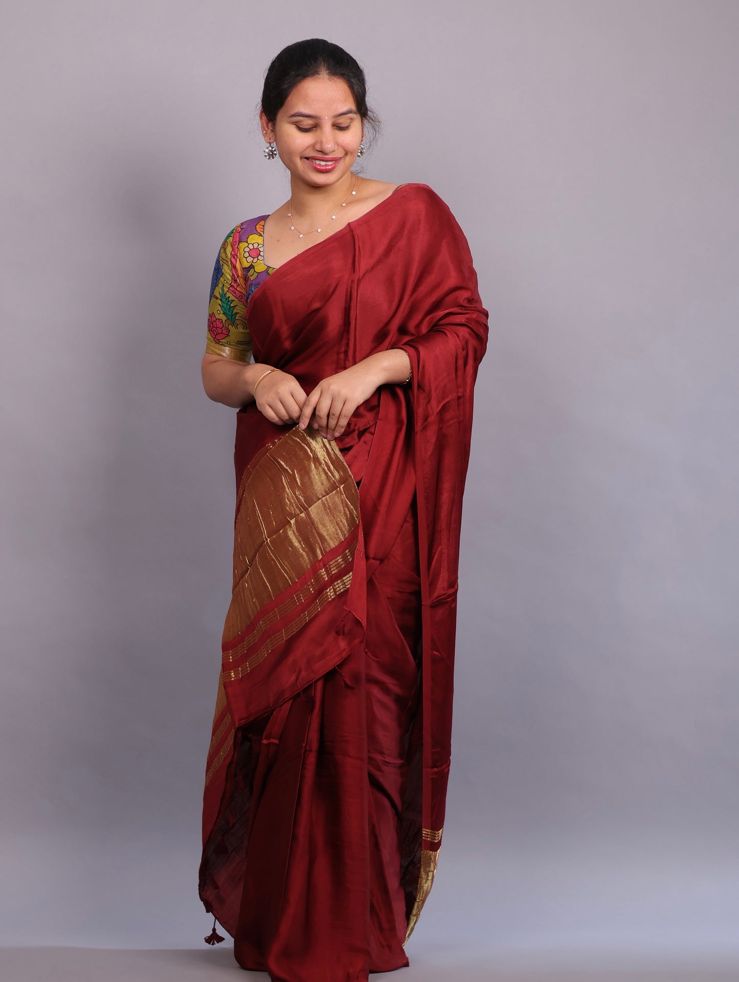 Maroon Plain Modal Silk Saree with Lagdi Pallu | Looms & Tassels