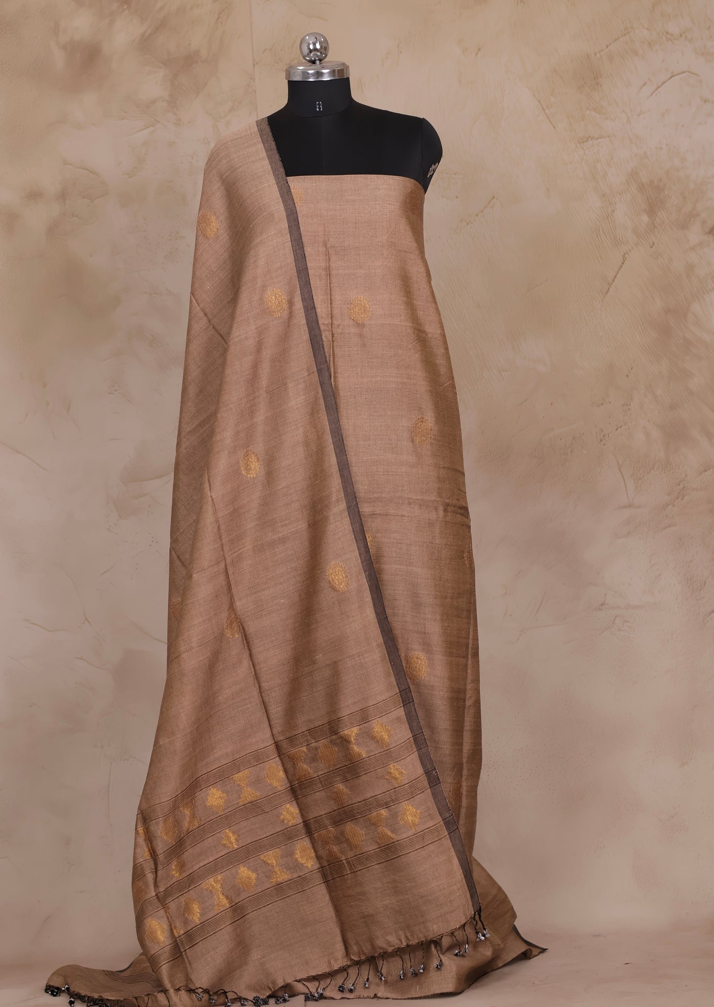 Beige Handwoven Jamdhani weaving Tissue Linen 2 piece suit sets | Looms & Tassels