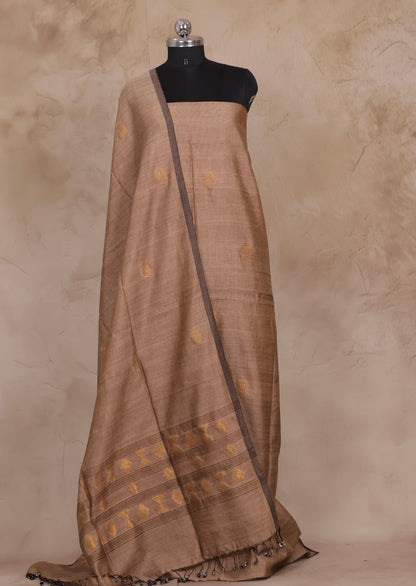 Beige Handwoven Jamdhani weaving Tissue Linen 2 piece suit sets | Looms & Tassels