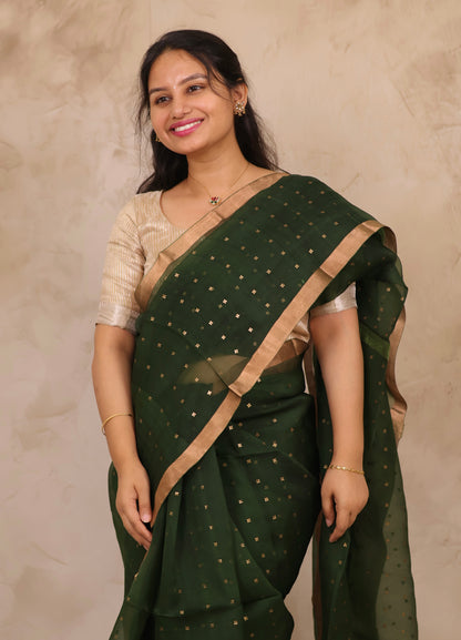 Green Handwoven Muslin Silk Saree With Sequence Work | Looms & Tassels