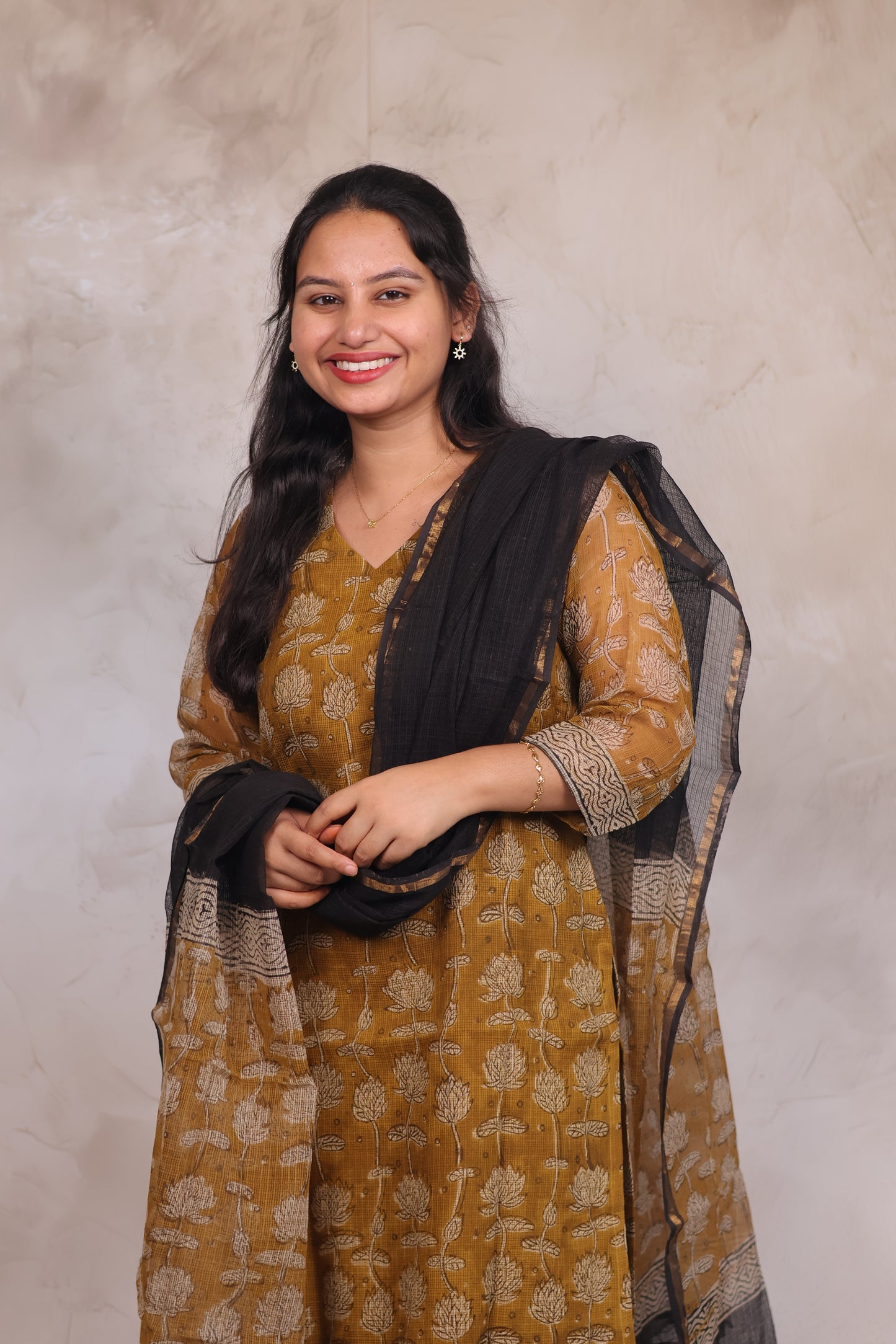 Mustard Handblock printed kota 3 piece suit (stitched)