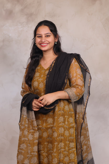 Mustard Handblock printed kota 3 piece suit (stitched)