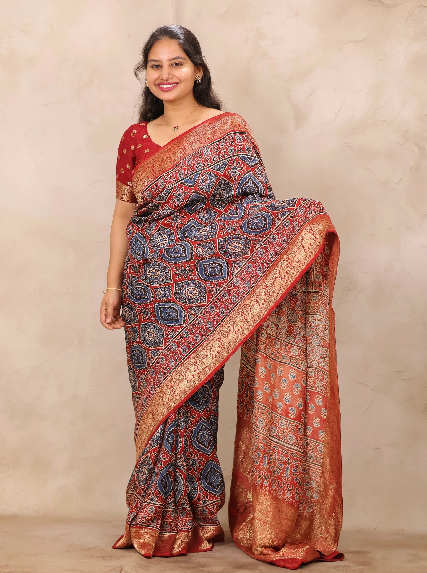 Red Badam Butta Ajrakh Handblock printed Dola Silk Saree | Looms & Tassels