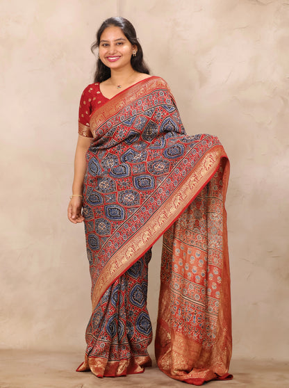 Red Badam Butta Ajrakh Handblock printed Dola Silk Saree | Looms & Tassels