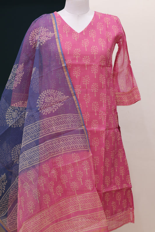 Pink Handblock printed kota 3 piece suit (stitched)