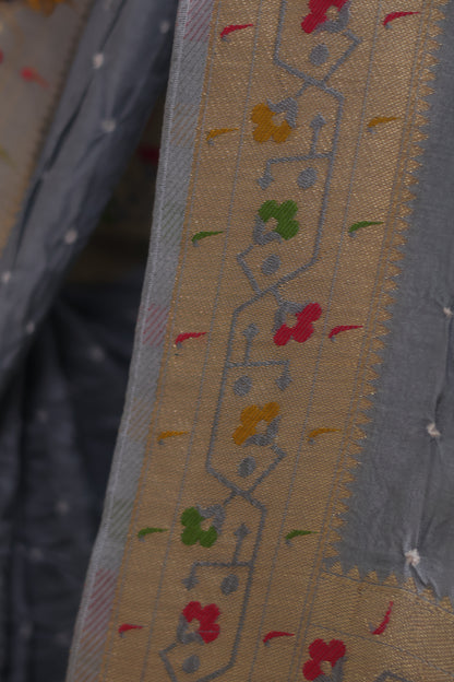 Grey Handcrafted Pattern Bandhani Paithani Dola Silk Saree | Looms & Tassels
