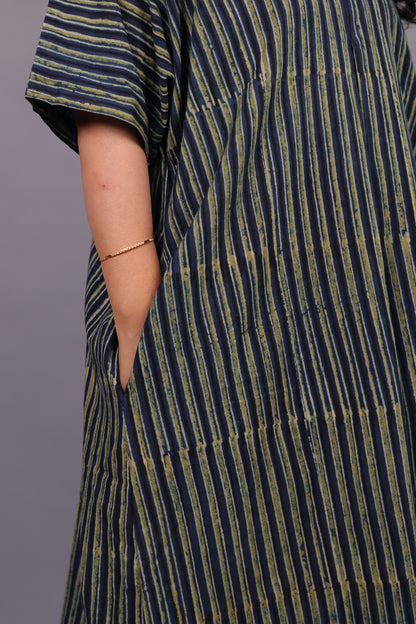 Indigo Ajrakh Handblock Printed Cotton Kaftan – Elegant & Breathable Ethnic Wear | Looms & Tassels