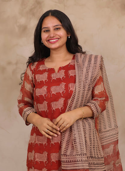 Maroon Pichwai Handblock printed kota 3 piece suit (stitched)