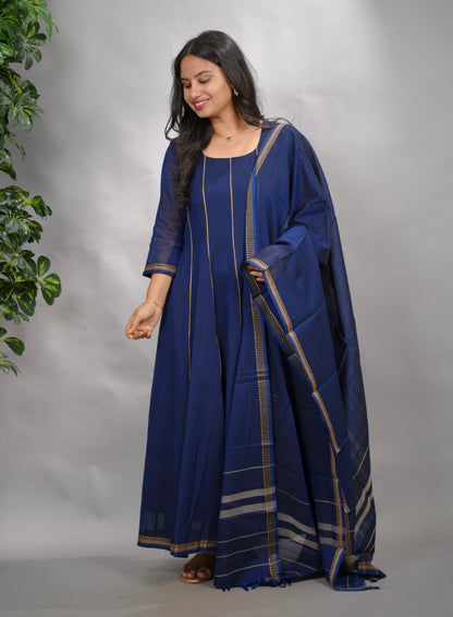 Blue Narayanpet Cotton Anarkali Dress with Narayanpet Dupatta | Looms & Tassels