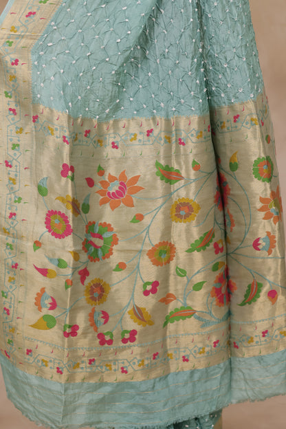Sea Green Handcrafted Bandhani Paithani Dola Silk Saree | Looms & Tassels