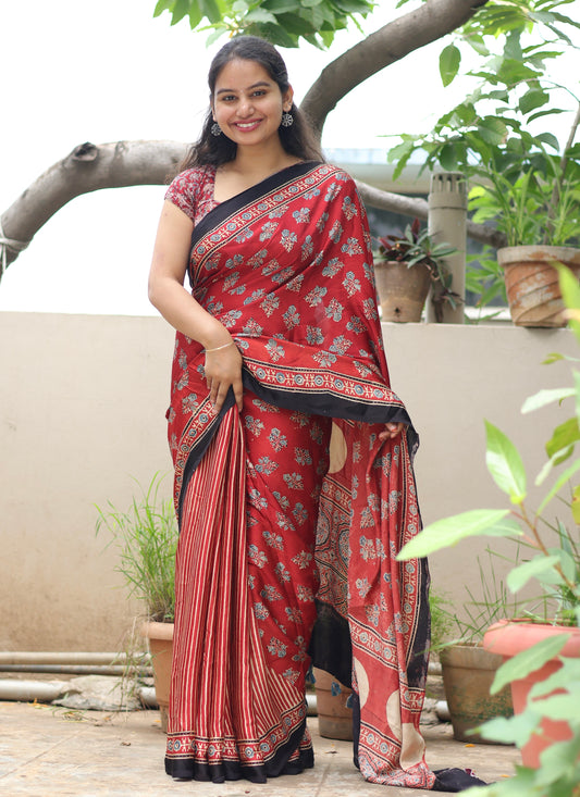 Red Ajrakh Modal Silk Saree
