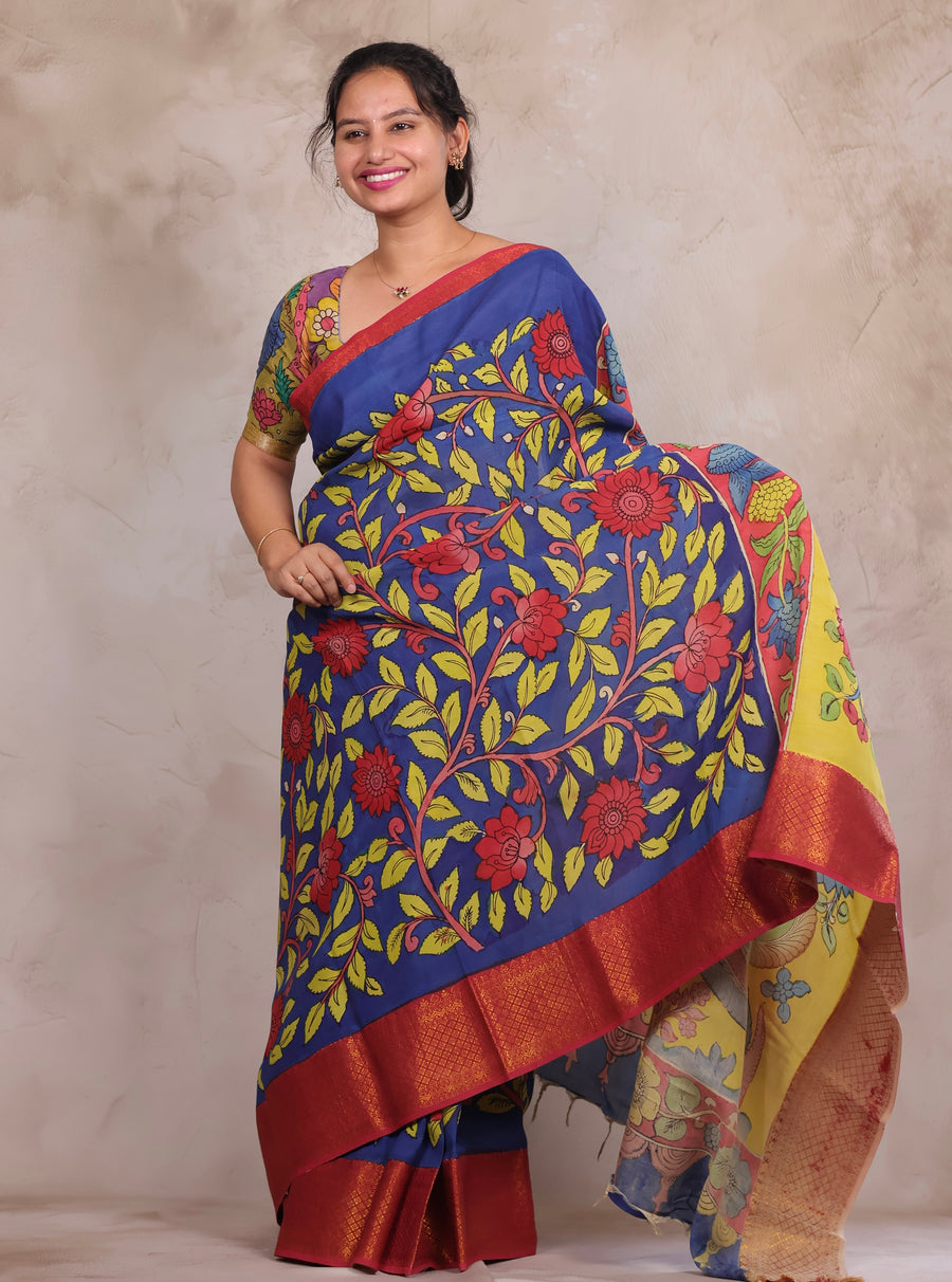 Hand Drawn Pen Kalamkari Blue And Red Bangalore Silk Kanchi Border Saree | Looms & Tassels