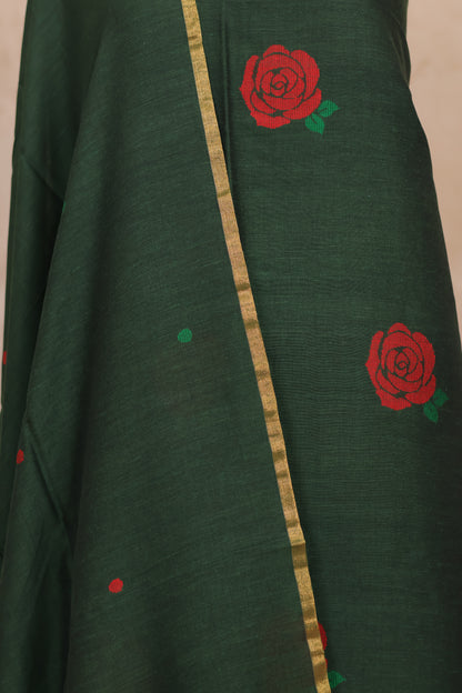Green Handwoven Jamdhani weaving pure Mercerised Malai cotton 2 piece suit sets | Looms & Tassels