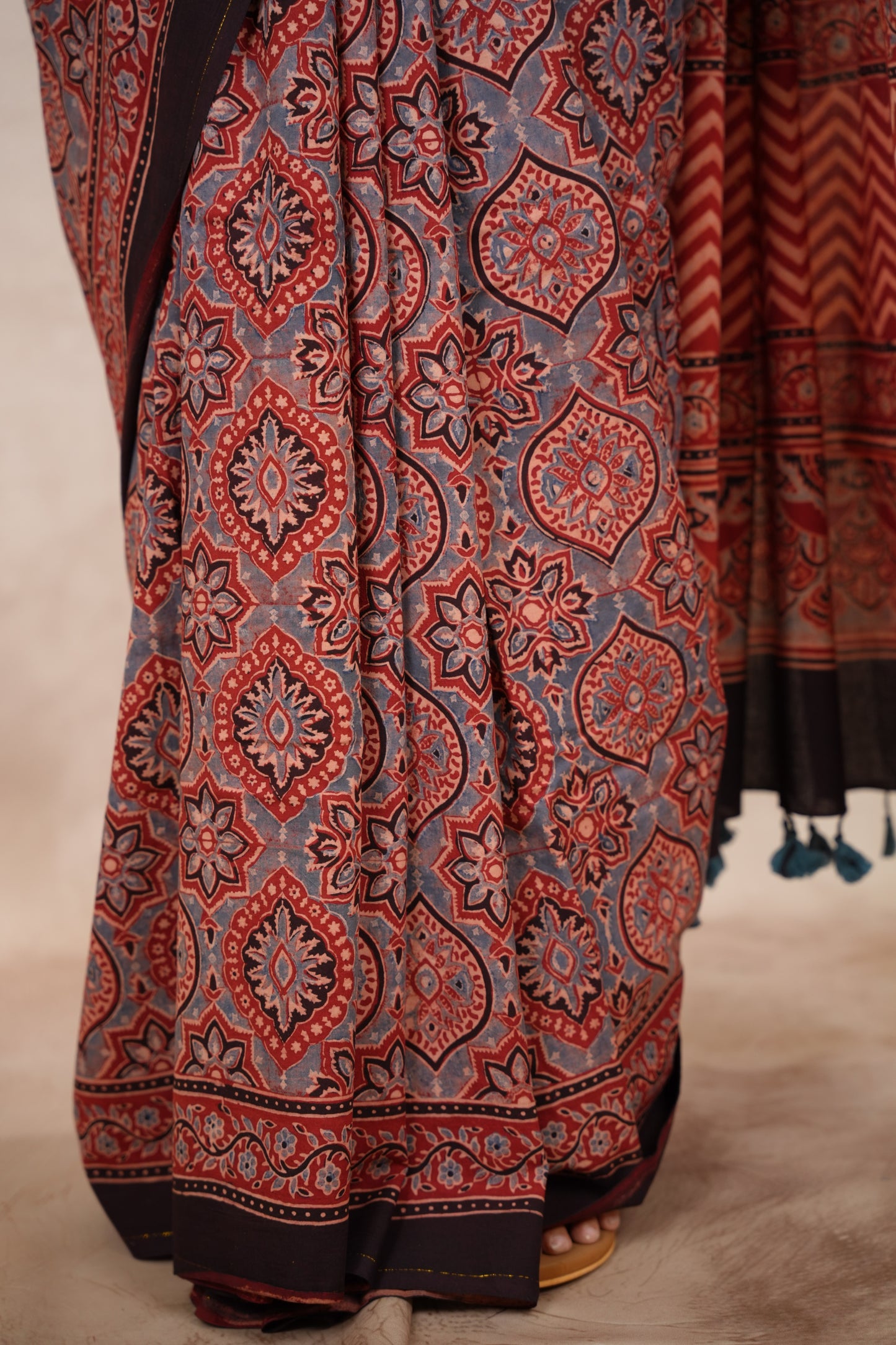 Maroon Ajrakh Hand Block Printed Cotton Saree | Looms & Tassels
