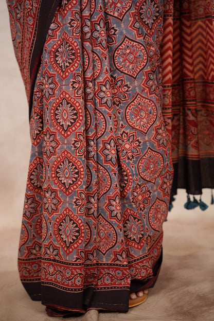 Maroon Ajrakh Hand Block Printed Cotton Saree | Looms & Tassels