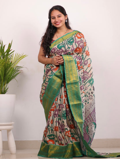 Cream & Green Kanchi border Kalamkari chennur silk saree