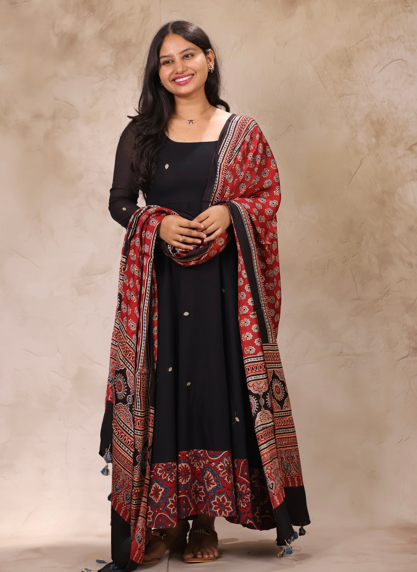 Black Ajrakh Patch Work Narayanpet Cotton Anarkali Dress with Ajrakh Modal Silk Dupatta | Looms & Tassels