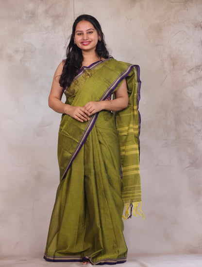 Parrot Green Narayanpet Cotton Saree | Looms & Tassels