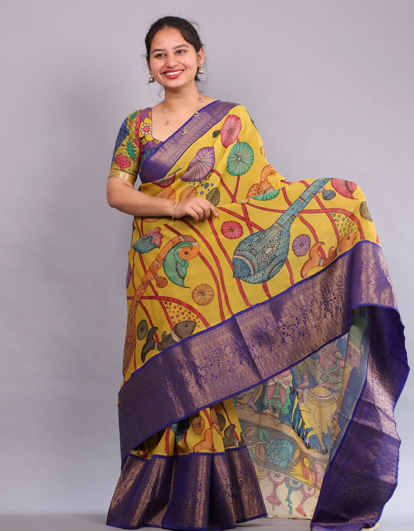 Yellow Hand Painted Pen Kalamkari Silk Saree