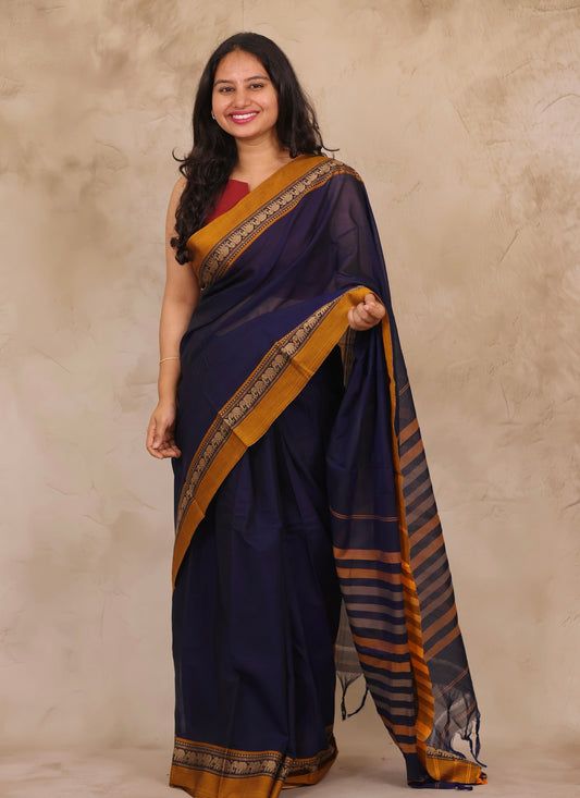 Blue Narayanpet Cotton Saree with Elephant Border | Looms & Tassels