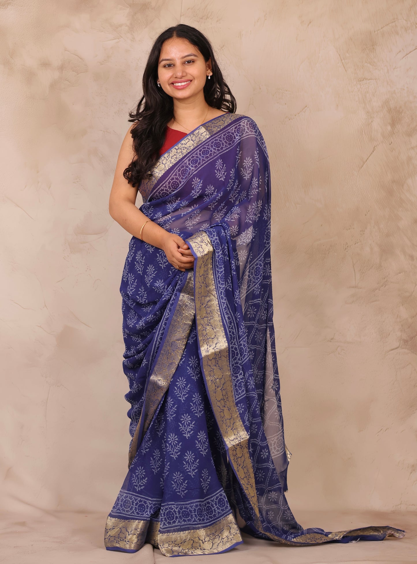 Blue Chiffon Hand Block Printed Saree with Jari Border | Looms & Tassels