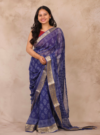Blue Chiffon Hand Block Printed Saree with Jari Border | Looms & Tassels