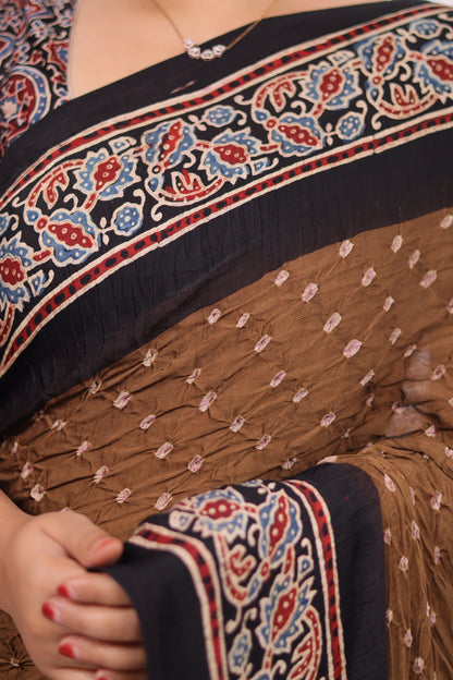 Ajrakh Bandhej Modal Silk Saree