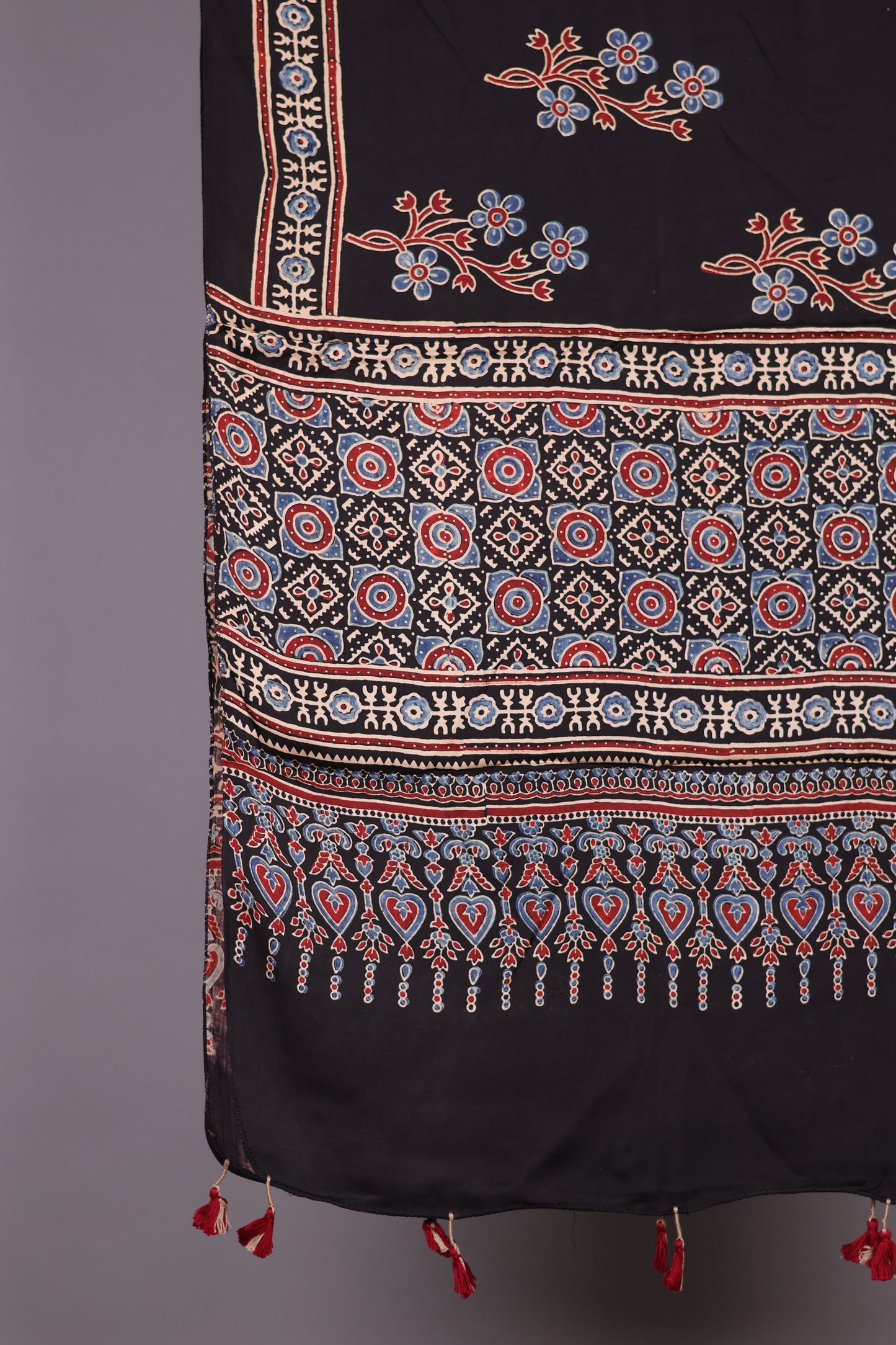 Black Ajrakh Hand Block Printed Modal Silk Stole | Looms & Tassels