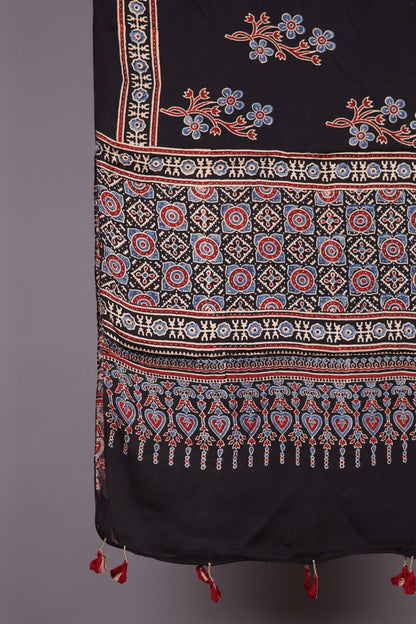 Black Ajrakh Hand Block Printed Modal Silk Stole | Looms & Tassels