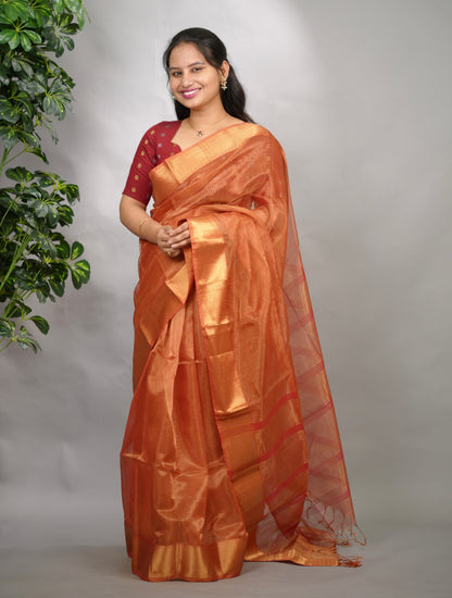 Rust Checks Handloom Maheswari Tissue Silk Cotton Sarees | Looms & Tassels