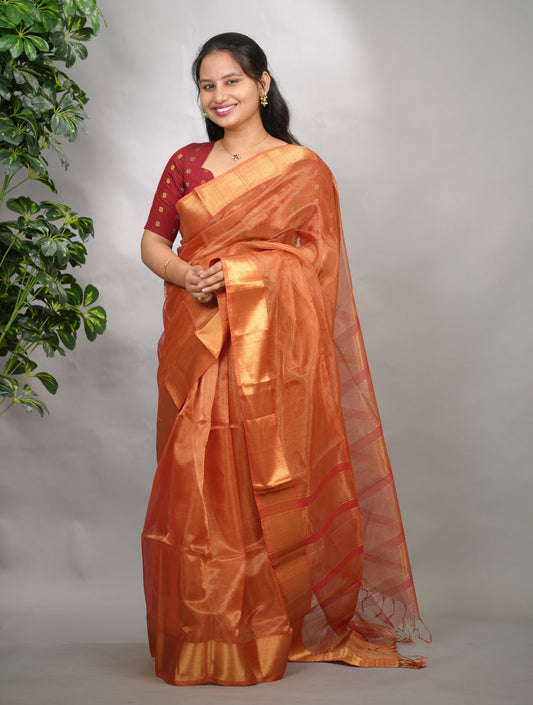 Rust Checks Handloom Maheswari Tissue Silk Cotton Sarees | Looms & Tassels