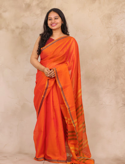 Orange Narayanpet Cotton Saree | Looms & Tassels