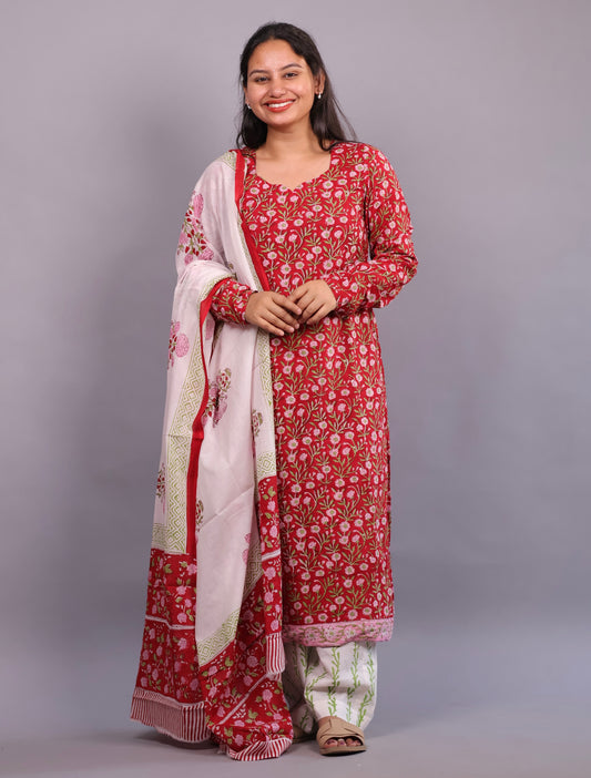 Red Floral Handblock printed Pure Mul Cotton with Mul Cotton Duppata 3 piece suit In Chudi Sleeves (stitched)