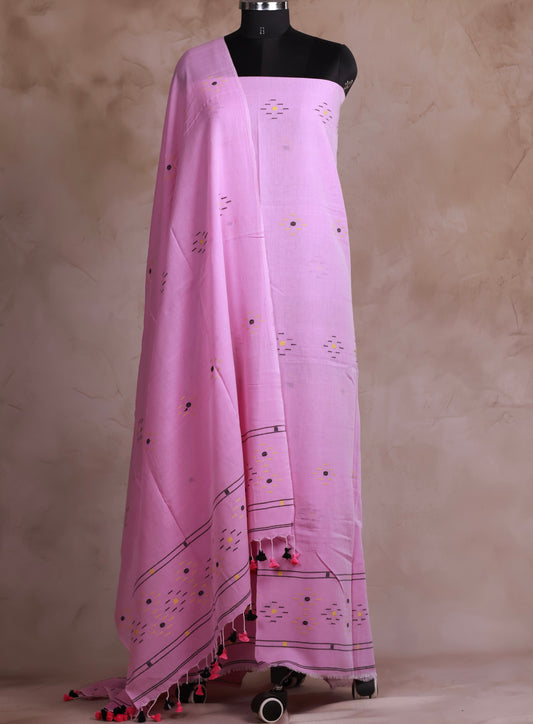 Pastel Pink Handwoven Jamdhani weaving pure Malai cotton 2 piece suit sets | Looms & Tassels