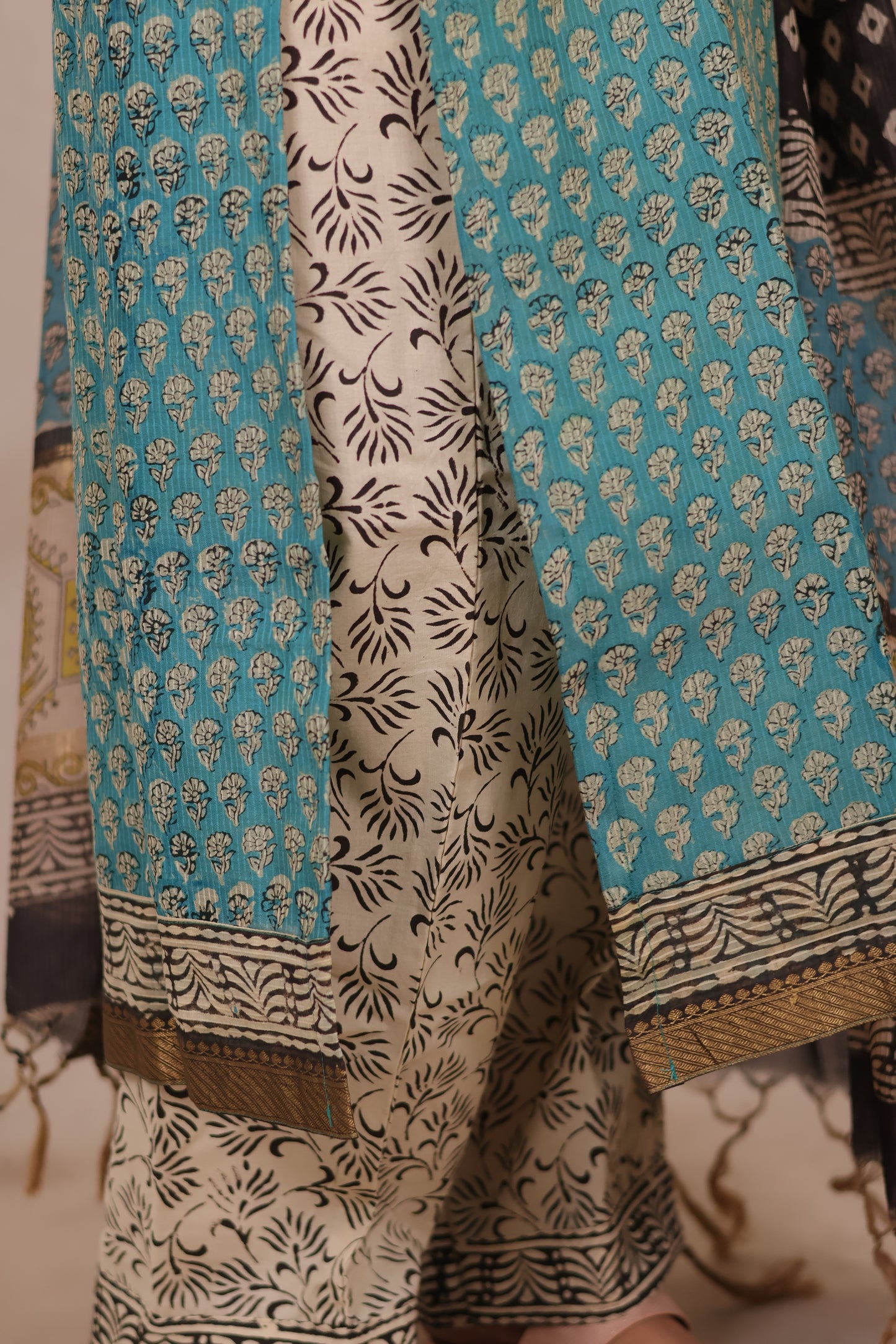 Powder Blue Handblock printed Pure Maheswari Silk 3 piece suit (stitched)
