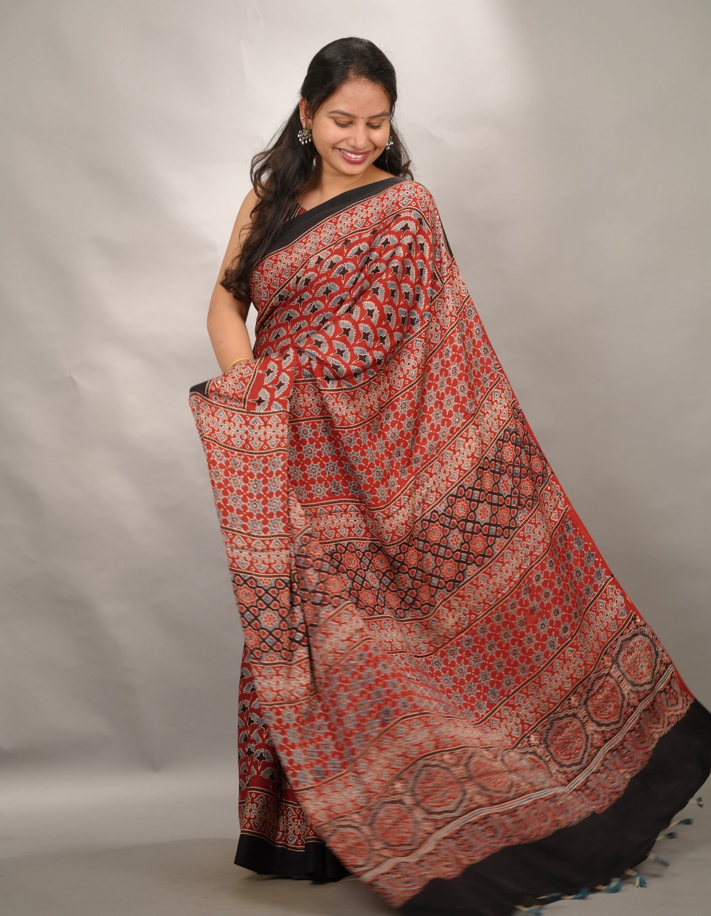 Maroon Authentic Ajrakh Handblock Printed Modal Silk Saree | Looms & Tassels
