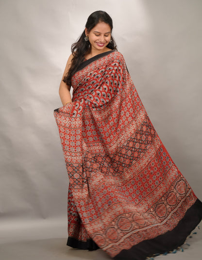 Maroon Authentic Ajrakh Handblock Printed Modal Silk Saree | Looms & Tassels