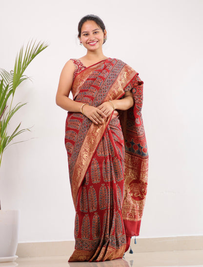 Red Ajrakh Dola Silk Saree