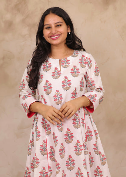 Off White Floral Mul Cotton Kurta with Red Palazzo Set | Looms & Tassels