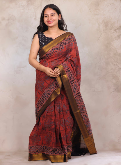 Rust Ajrakh Hand Block Printed Mangalagiri Cotton Saree | Looms & Tassels