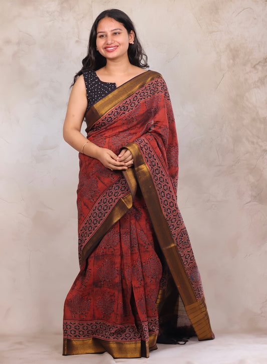 Rust Ajrakh Hand Block Printed Mangalagiri Cotton Saree | Looms & Tassels