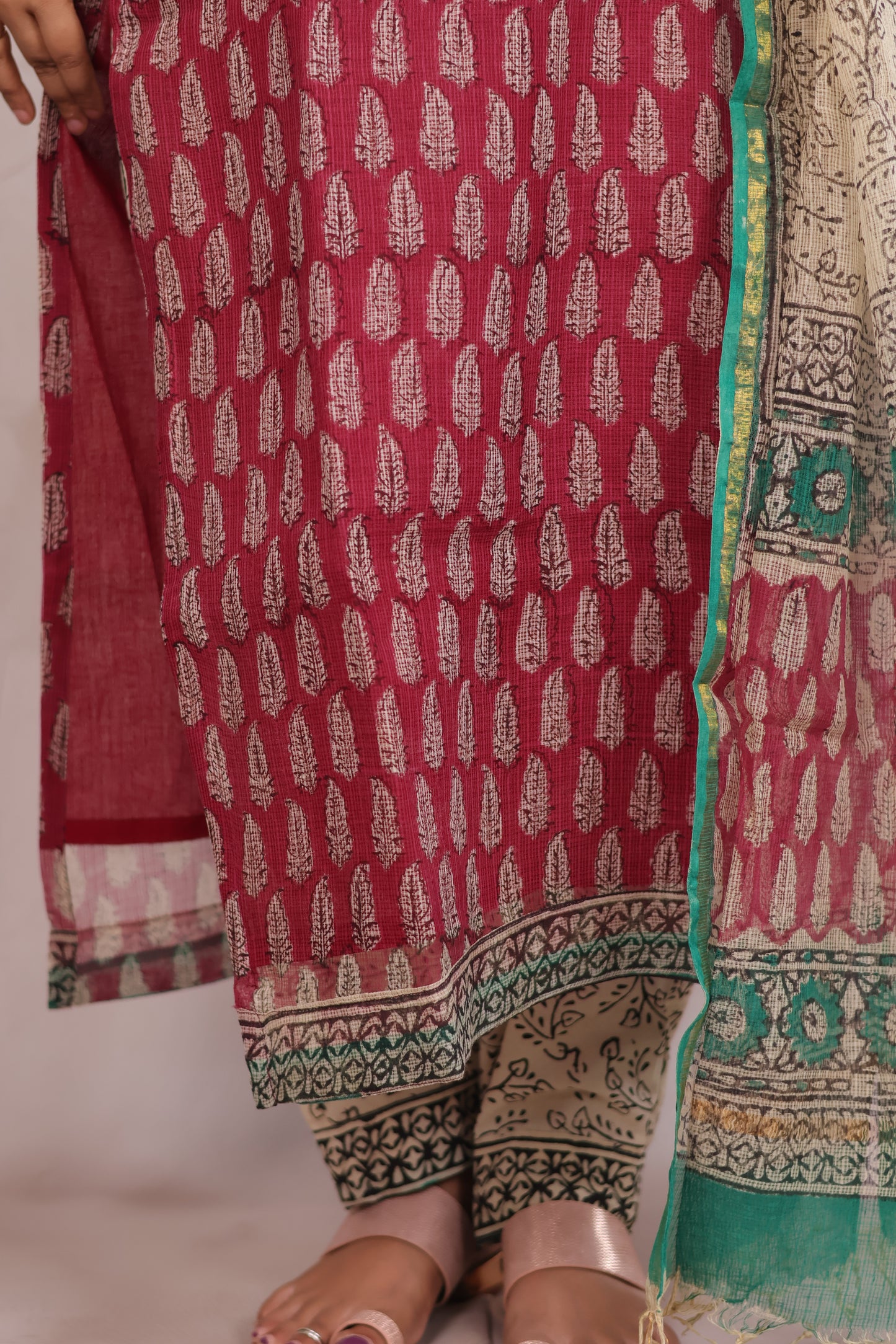 Maroon Bagru Handblock printed kota 3 piece suit (stitched)