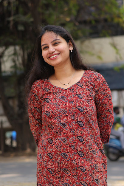 Maroon Ajrakh Hand Block printed Kurti