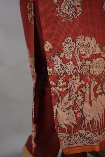 Maroon Kalamkari Kota Cotton 3 piece suit (stitched) | Looms & Tassels