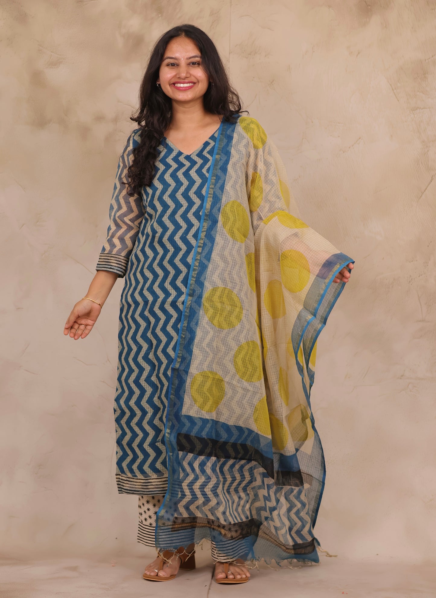 Cyan Blue Contemporary Handblock printed kota 3 piece suit (stitched)