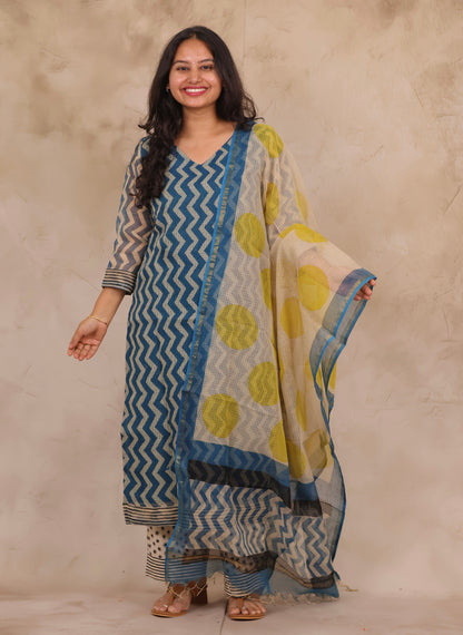 Cyan Blue Contemporary Handblock printed kota 3 piece suit (stitched)