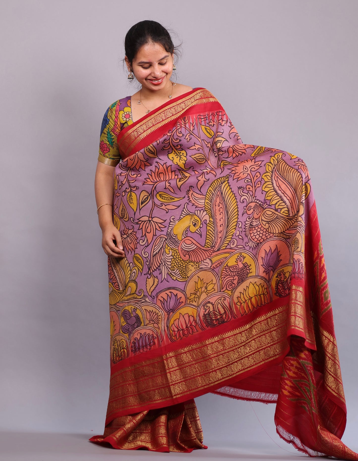 Lavender Kanchi Pattu Hand Painted Pen Kalamkari Saree
