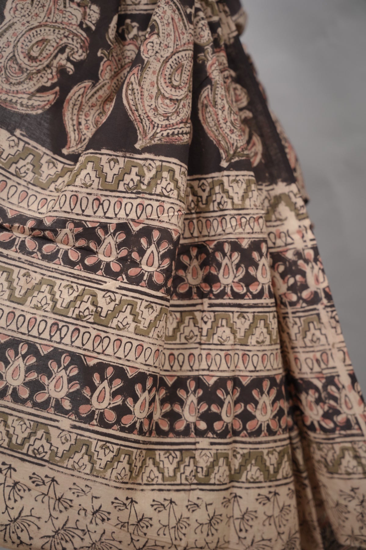 Light Black Hand Block Printed Kalamkari Cotton Saree | Looms & Tassels