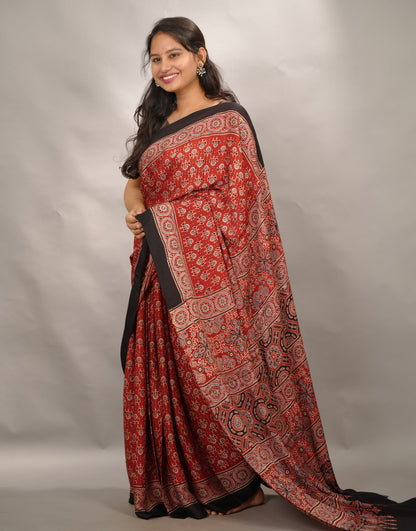 Maroon Authentic Ajrakh Handblock Printed Modal Silk Saree | Looms & Tassels